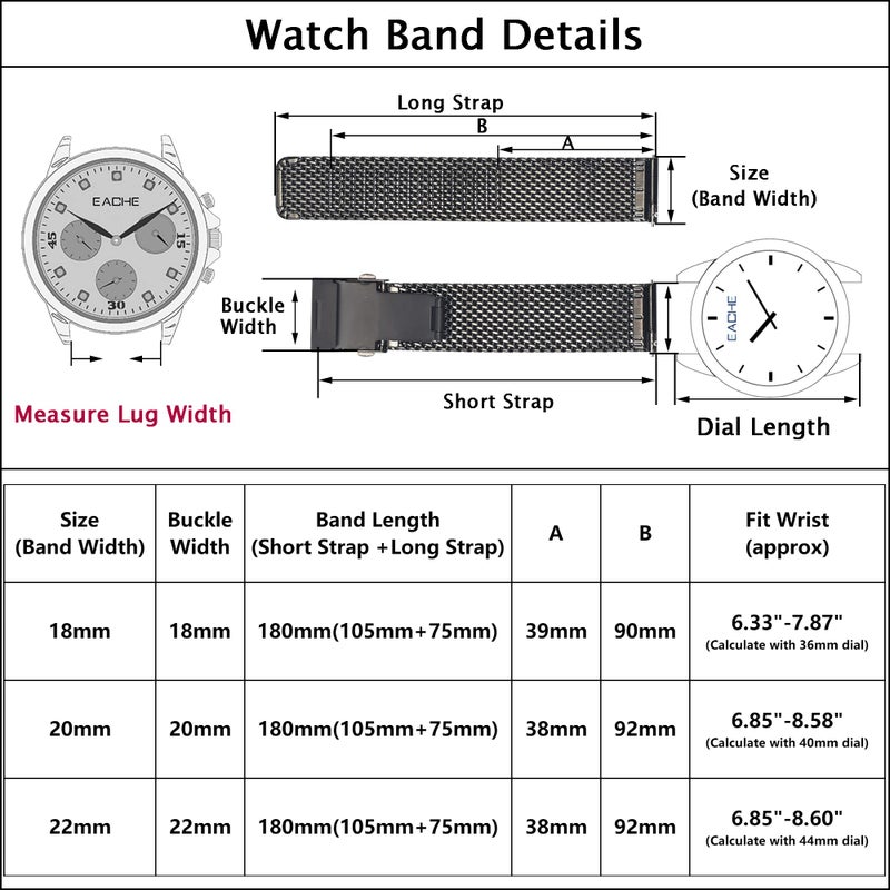 EACHE Stainless Steel Thick Mesh Watch Band For Men Heavy Duty Metal Mesh Watch Strap Adjustable Length Silver 20mm - Image 2